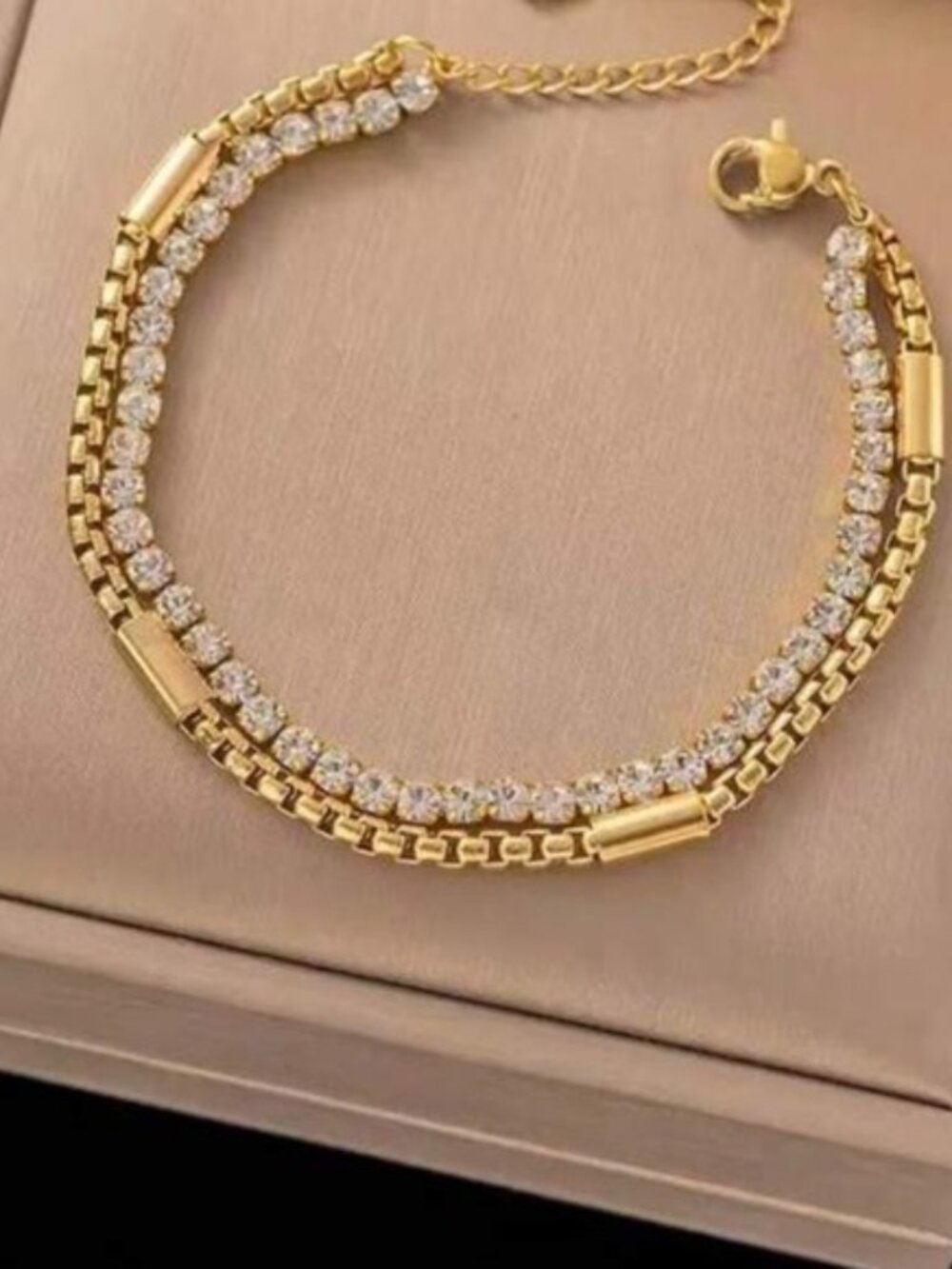 Gold Plated Stainless Steel Double Chain Tennis Bracelet Crystal Link Bracelet